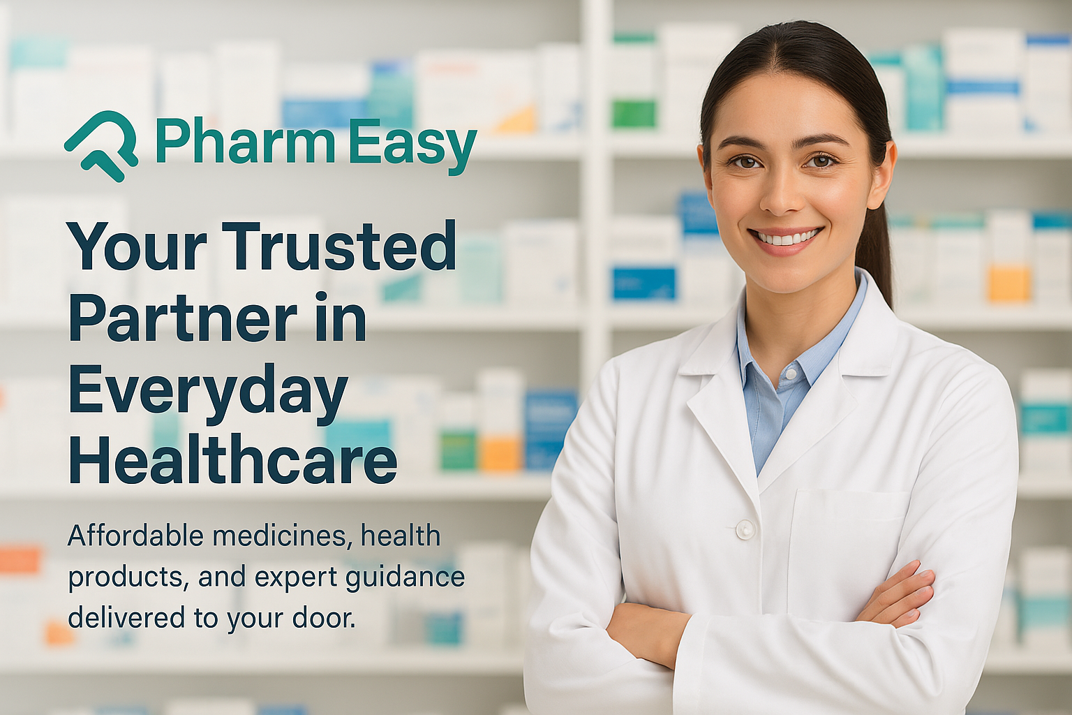 Smiling female pharmacist in a white lab coat standing in a well-organized pharmacy, representing Pharm Easy's trusted and affordable online healthcare services Health Consultations