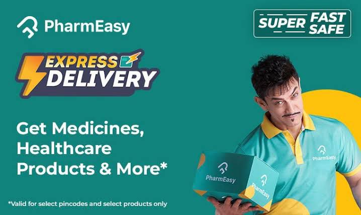a man holding a box pharmeasy app Order your health products conveniently from home and enjoy fast delivery.